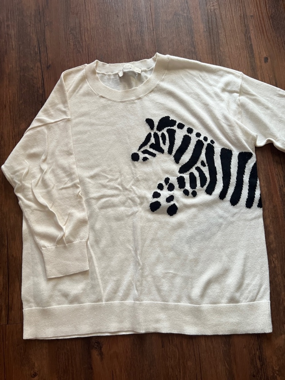 LOFT Cream Crewneck Sweater with Black Zebra Intarsia